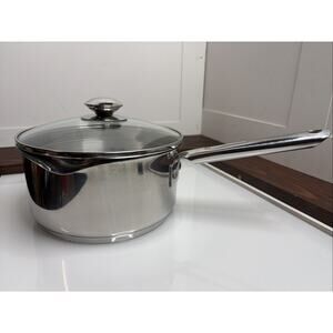 Wear-Ever 3Qt Stainless Saucepan Double Spout Strainer Glass Lid Wearever
